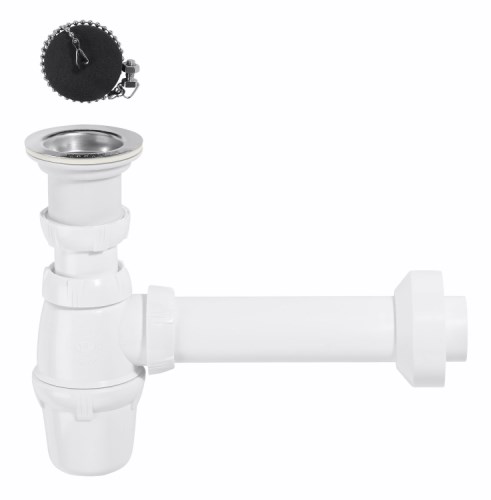 izlietnes sifons ar izplūdi un korķi ar ķēdi, 1½ x 40 mm, plastmasa, balts