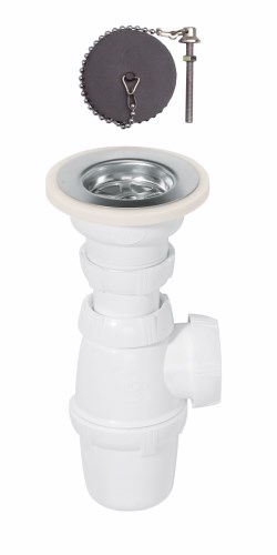 izlietnes sifons ar izplūdi un korķi ar ķēdi, 1½ x 40 mm, bez noteces, plastmasa, balts