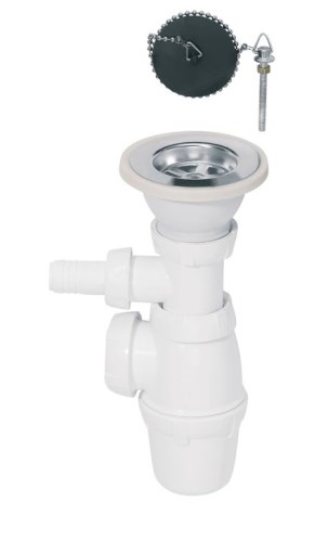 izlietnes sifons ar izplūdi un korķi ar ķēdi, 1½ x 40 mm, bez noteces, ar pieslēgu, plastmasa, balts