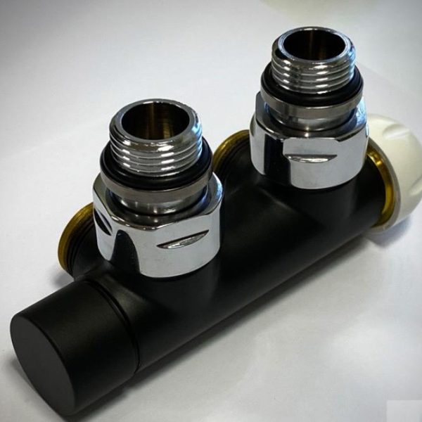 Rad. dubultbloks Twinvalve Thermo 1/2` x 24-19, 90°, melns matēts, bez termogalvas